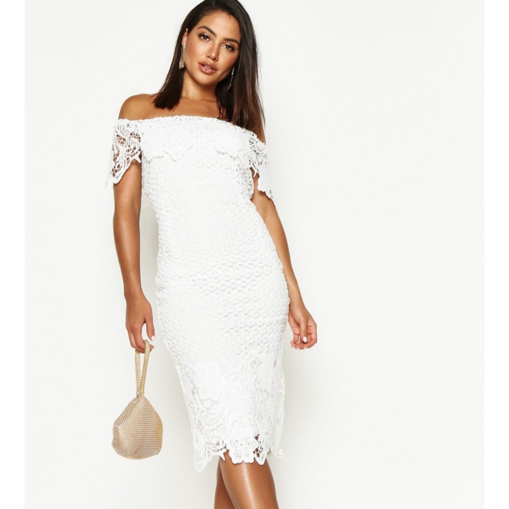 Boutique Lace Off the Shoulder Midi Dress